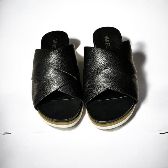 🌻NEW w/box Vaneli Hilde Black Leather Cross Band Low Wedge Slides Size 6W WIDE - Picture 2 of 14